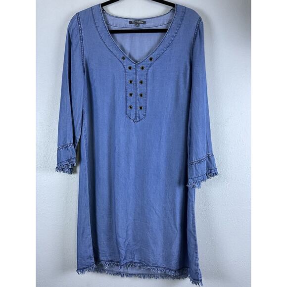 Michael Stars Sz M Blue Chambray Tunic Dress Raw Edge 3/4 Slv Metal Grommet Neck - Picture 1 of 10